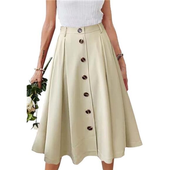 Pleated A-line Midi Skirt Elastic Waist Beige - Picture 1 of 5